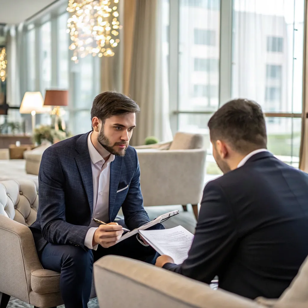 A professional event planner discussing details with a client