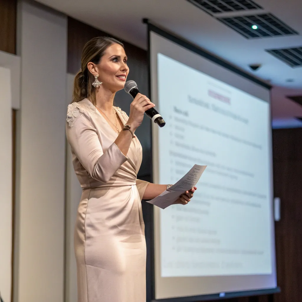 Woman in a formal dress giving a presentation